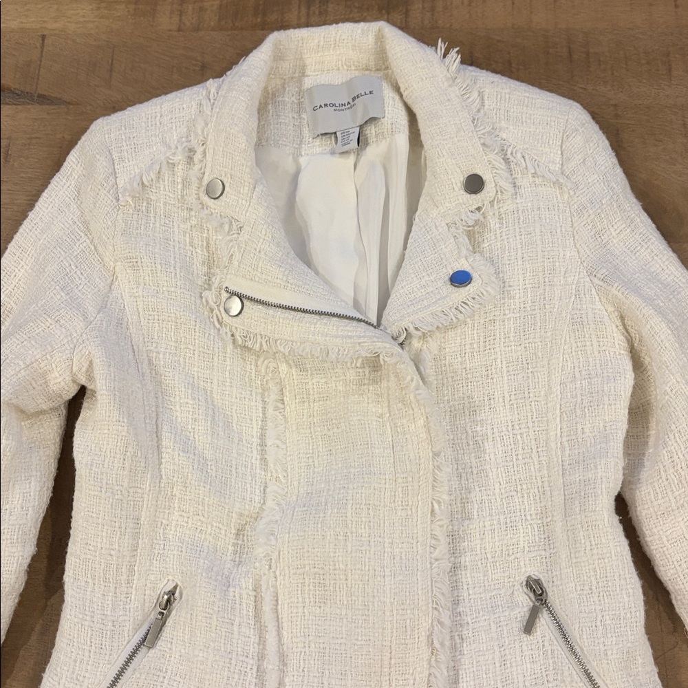 Fringe Moto Jacket Blazer White by Carolina Belle Size XS - Picture 2 of 6